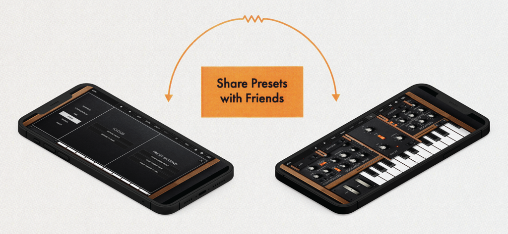 Minimoog Model D Synthesizer - Two smartphones showcasing the Minimoog Model D synthesizer app and its preset sharing feature