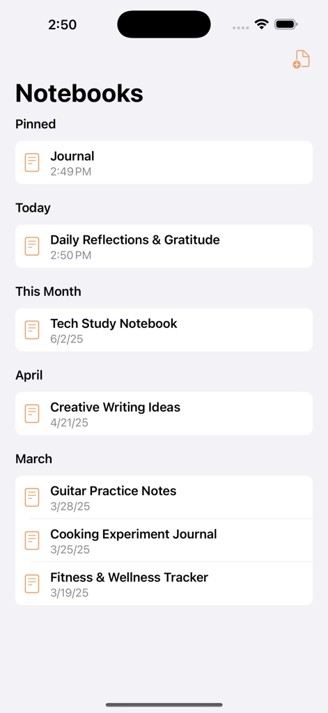 Chapters - Your Daily Notebook - Una interfaz minimalista de aplicación iOS que muestra una lista de cuadernos digitales categorizados por fecha como Hoy, Este Mes y Abril.