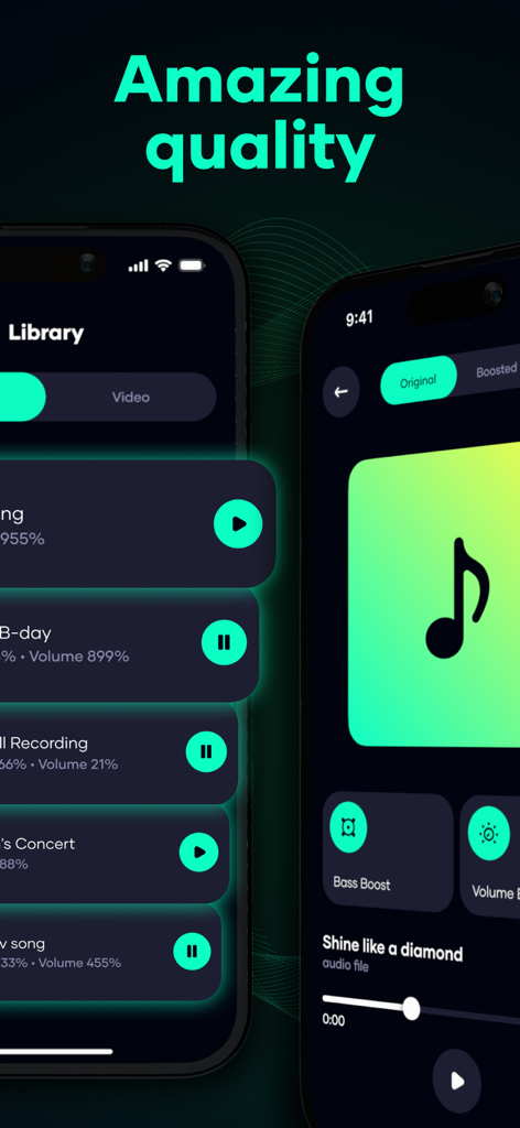 EQ and Volume Boost for Music - User interface of a music equalizer app showing song library and bass boost controls