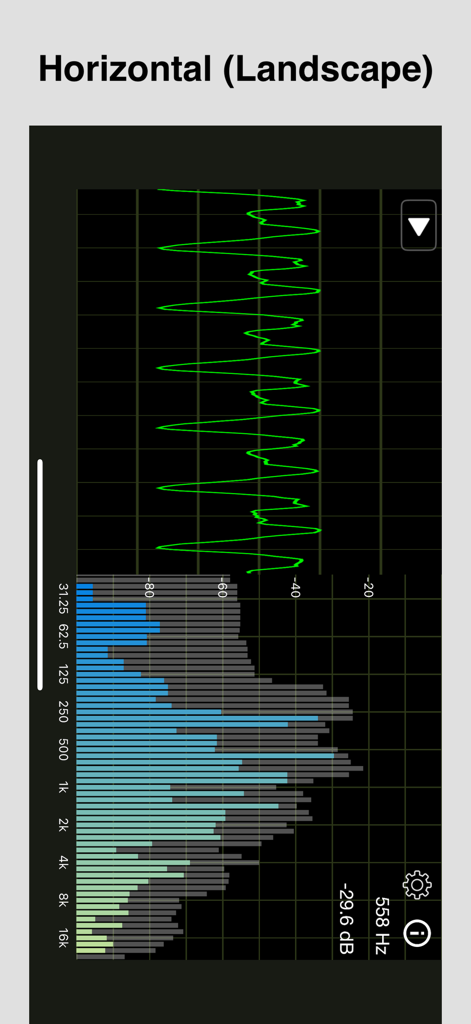 Audio spectrum analyzer app interface showing waveform and frequency spectrum in landscape mode