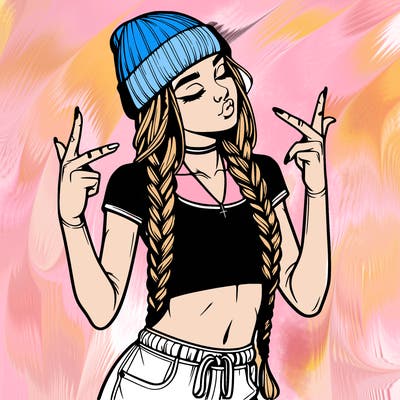 realistic teenage girl with braids and a beanie and crop top doing 🫶🏼
