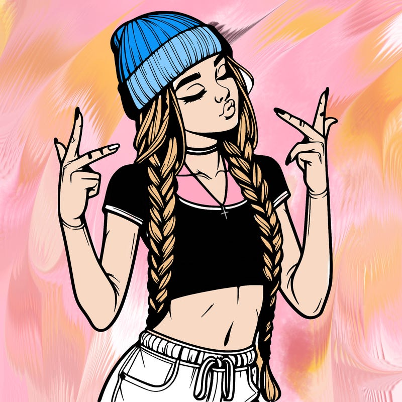 realistic teenage girl with braids and a beanie and crop top doing 🫶🏼