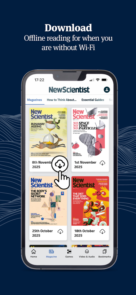 New Scientist - Interface of the New Scientist app showing digital magazine covers and a download button for offline access