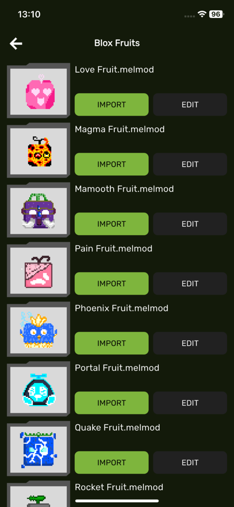 Nolem Playland Addons - A list of Blox Fruits themed mods for Melon Sandbox with buttons to import or edit.
