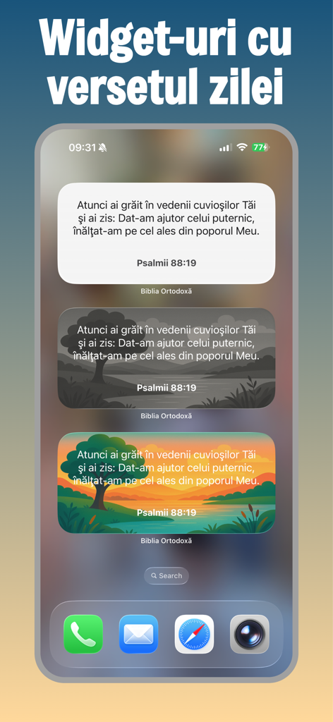 Biblia Ortodoxă în Română - Tres estilos diferentes de widgets de la Biblia Ortodoxa Rumana mostrando el versículo del día en la pantalla de un iPhone