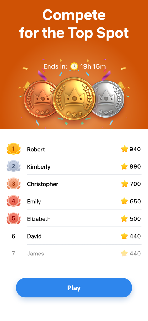 A leaderboard screen in the Nonogram game showing player rankings and scores for a tournament.
