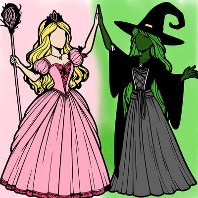 detailed realistic split of a princess and a witch