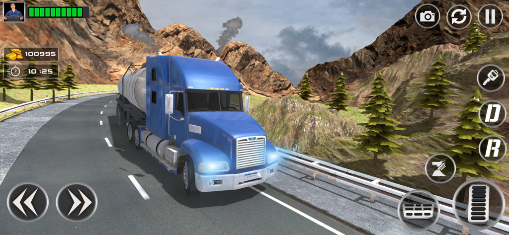 Supply Truck Driving Simulator - Un camión semirremolque azul conduciendo por una carretera de montaña con un remolque cisterna en un juego simulador