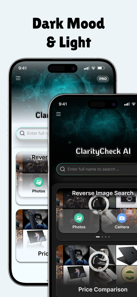 ClarityCheck - Deep Search AI - ClarityCheck Deep Search AI app interface in dark and light modes