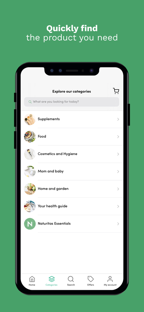 Naturitas: Natural Health - Naturitas mobile app screen showing shopping categories for supplements, organic food, and natural cosmetics.