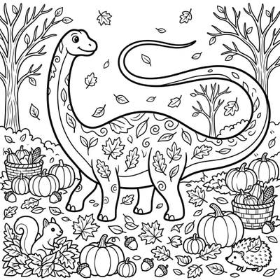 Step into a whimsical autumn landscape where a friendly Diplodocus dinosaur enjoys the season. This delightful coloring page is bursting with falling leaves, plump pumpkins, and charming woodland creatures, inviting you to add your vibrant touch.
