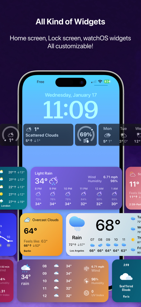 Showcase of various colorful and customizable weather widgets for iPhone home and lock screens