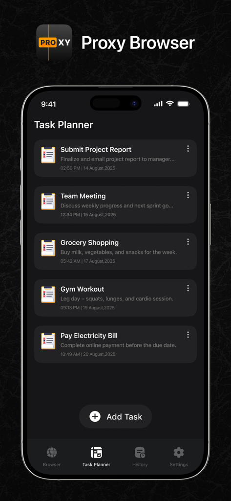 Private web browser task planner interface showing a list of tasks