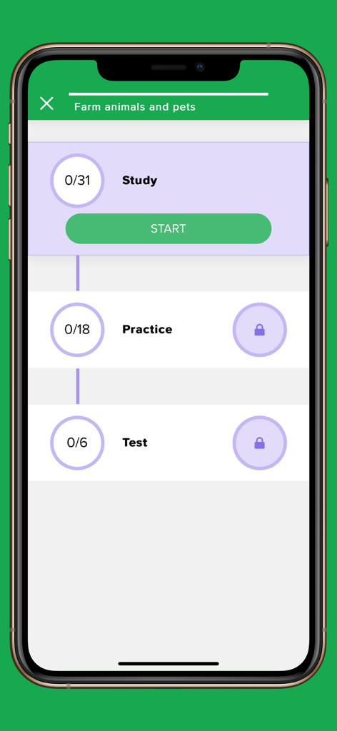 Lesson interface of Learn English Now app showing a structured study path with Study Practice and Test stages for the topic Farm animals and pets.