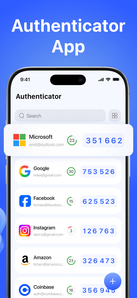 GoogleやMicrosoftなどの複数のアカウントの2要素認証コードを表示するAuthenticator Appのインターフェース。