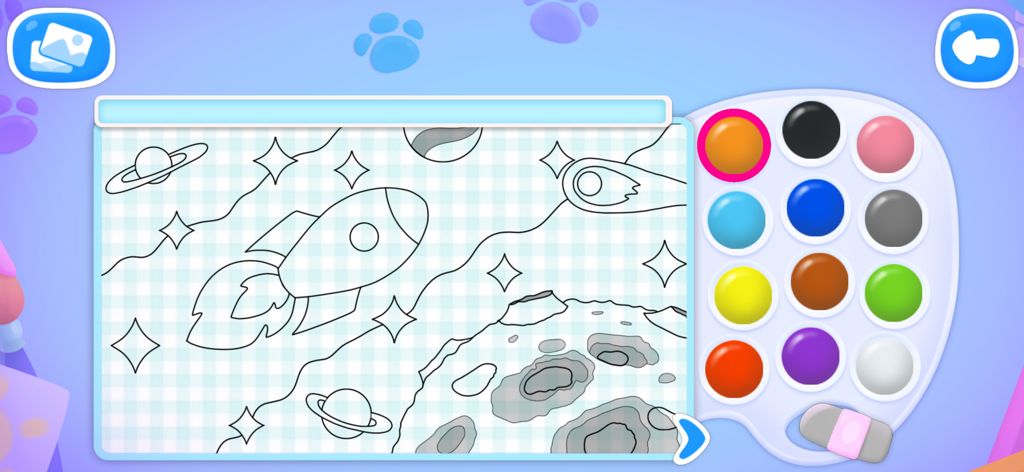 A digital coloring page for children featuring a rocket ship planets and a color palette