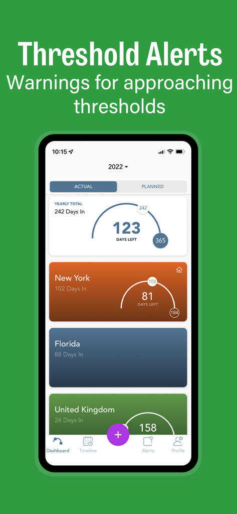 TaxBird - Residency Tracker - TaxBird app dashboard displaying days spent and days left for tax residency in New York and Florida