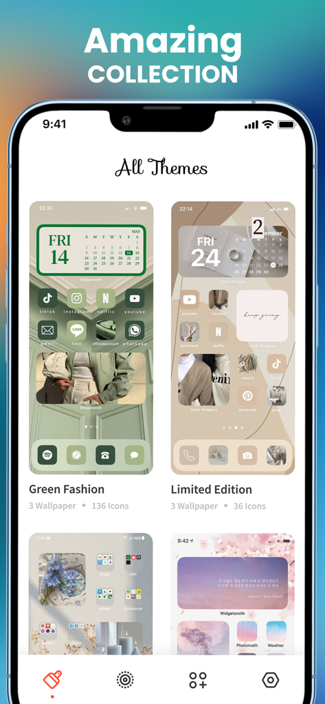 Icon Themer: Widget & Icons - Aplicativo Icon Themer exibindo vários temas estéticos de tela inicial, incluindo Green Fashion e Limited Edition com ícones e widgets correspondentes.