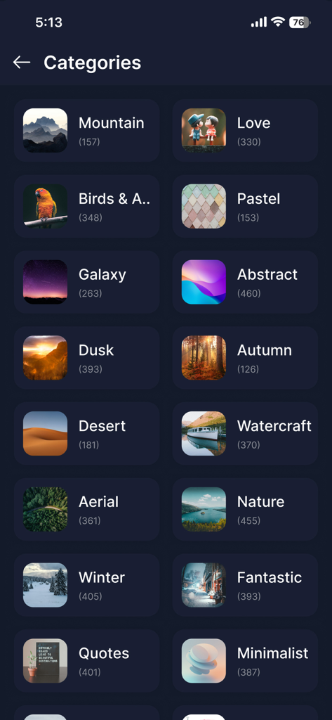 4K Wallpaper - HD Wallpaper - A menu screen of a mobile wallpaper app displaying a grid of categories like mountain, abstract, nature, and minimalist.