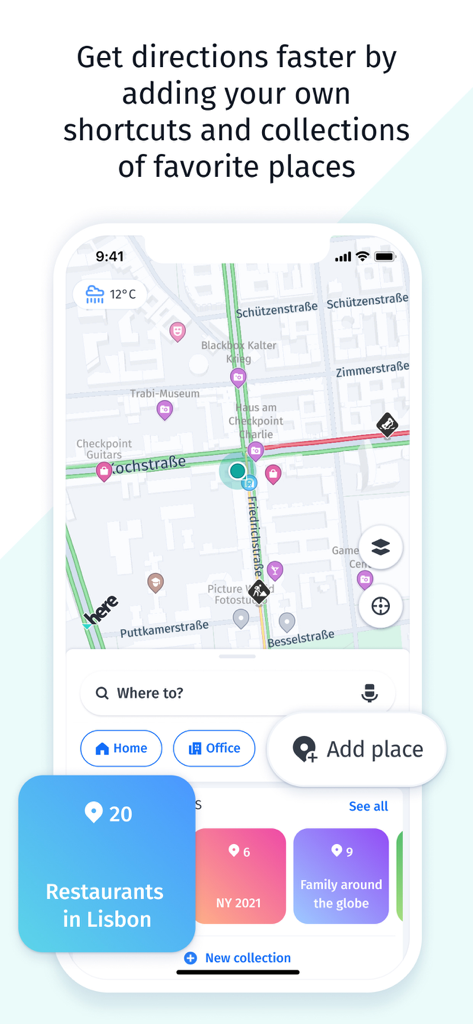 Screenshot of HERE WeGo navigation app showing custom shortcuts for home and office and categorized map collections of favorite places