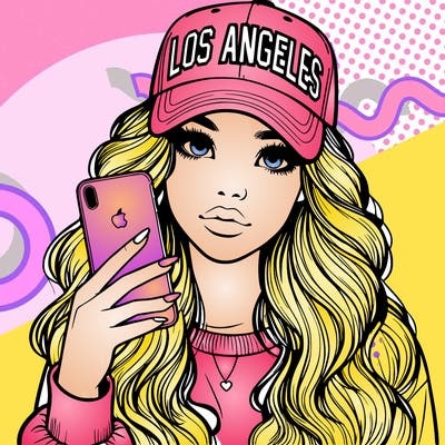 realistic beautiful girl wearing los ángeles cap holding an iphone
