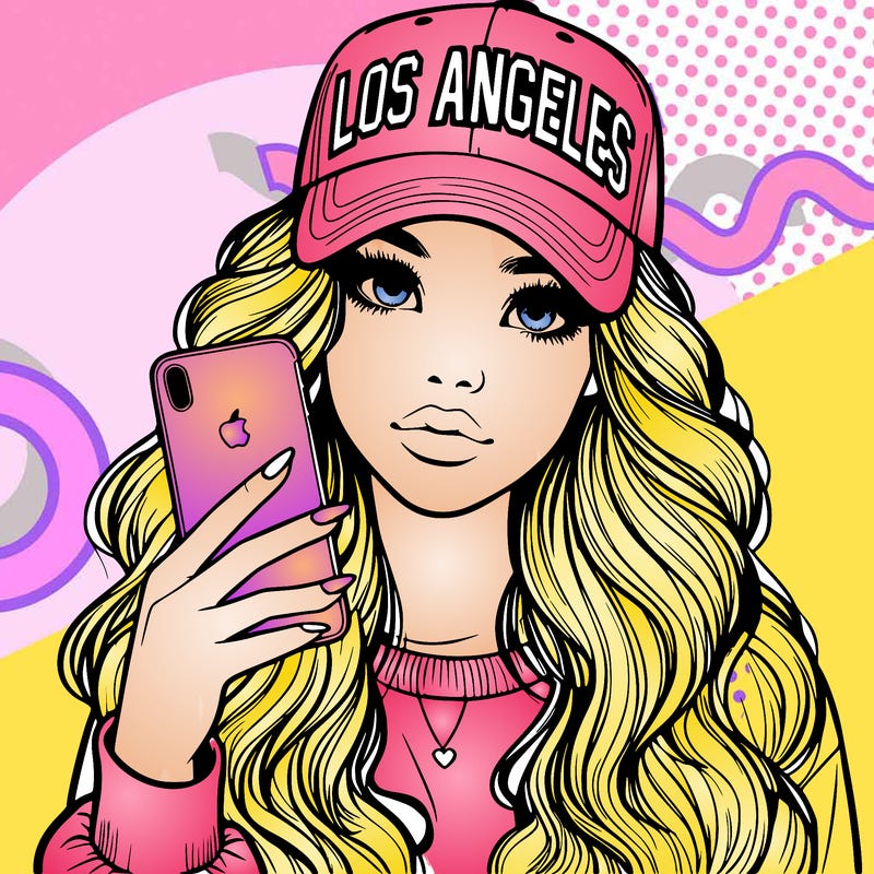 realistic beautiful girl wearing los ángeles cap holding an iphone