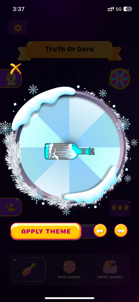 A winter themed interface for a spin the bottle party game featuring snow and snowflake decorations