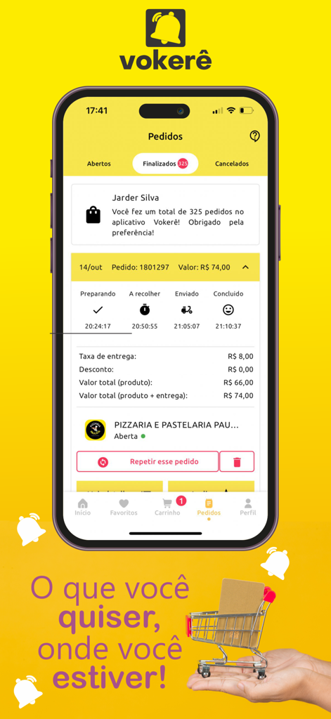 Vokerê - Vokere mobile app screen showing completed order history and delivery status tracking.