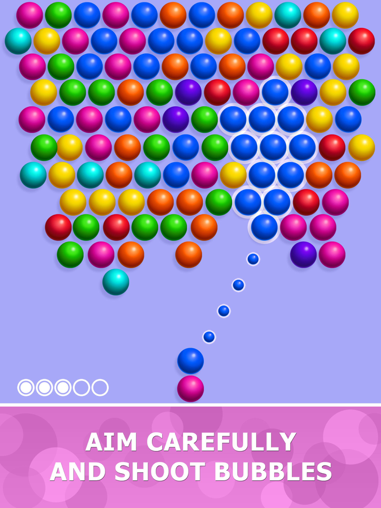 Classic bubble shooter gameplay showing colorful bubbles and aiming line on an iPad screen