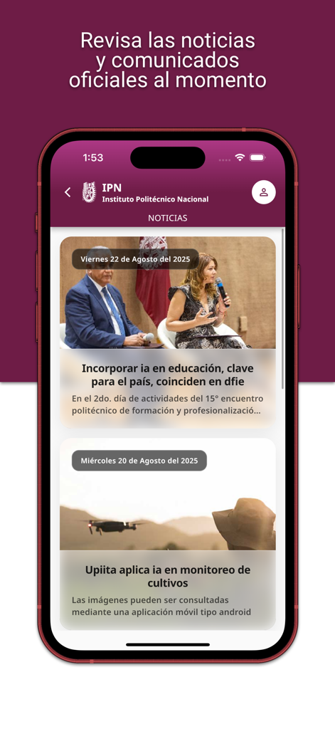 IPN Oficial - Fil d'actualités de l'application mobile IPN Oficial avec des annonces institutionnelles et des articles académiques