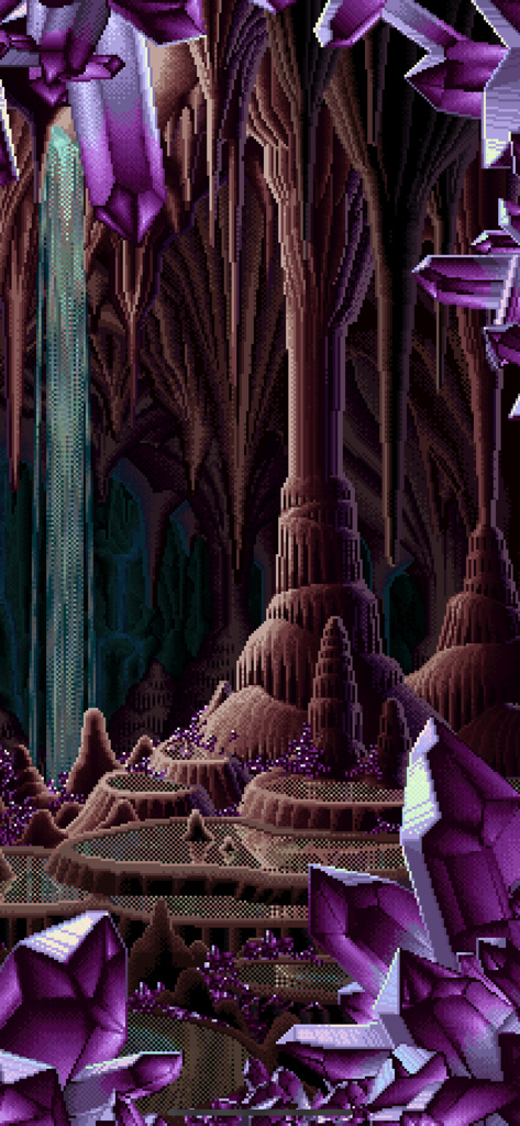 Living Worlds - Mark Ferrari - Detailed pixel art of a cavern filled with large purple crystals and towering rock formations