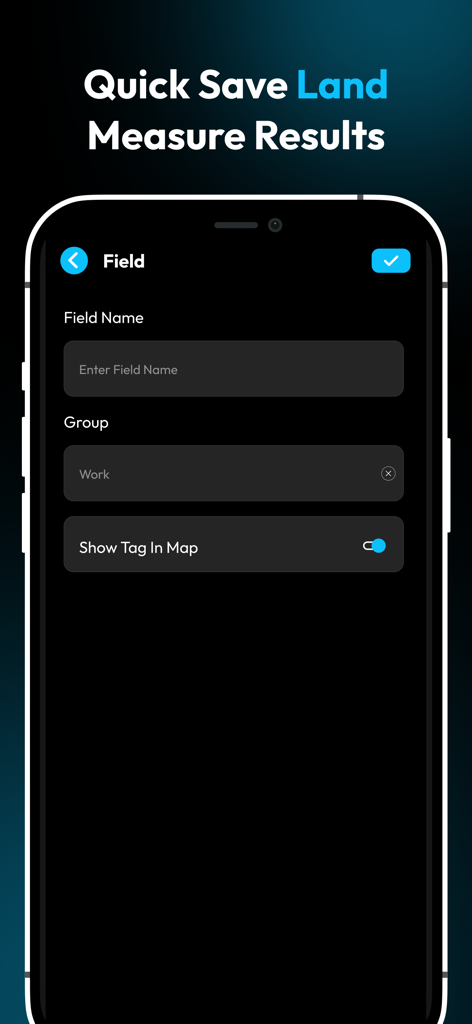 Field Navigator : Land Measure - Interfaz para guardar resultados de medición de terreno en la aplicación Field Navigator con campos para nombre de campo y grupo.