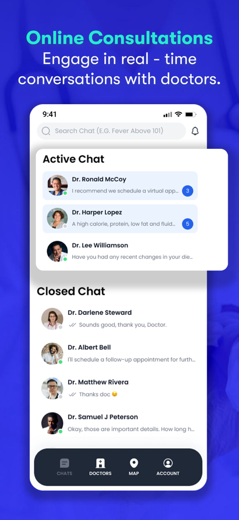 Interfaccia dell'app CureMe per consultazioni online che mostra chat attive e chiuse con i medici