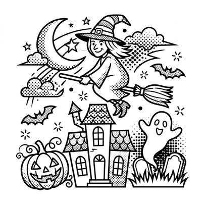 Get ready for Halloween magic with this Pop Art coloring page, featuring a witch, haunted house, and friendly ghost. Its bold style and halftone details offer a unique, engaging coloring experience for spooky season!