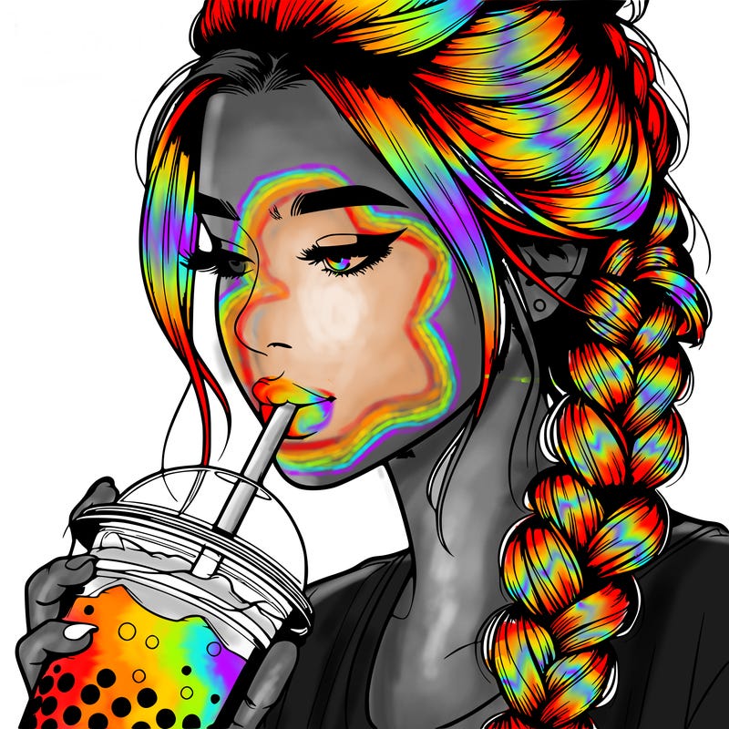 realistic girl drinking boba tea with braided hair