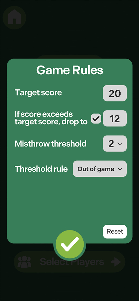 Oberfläche der Molkky Game Tracker App, die anpassbare Spielregeln zeigt, einschließlich Zielpunktzahl und Einstellungen für die Fehllaufschwelle.