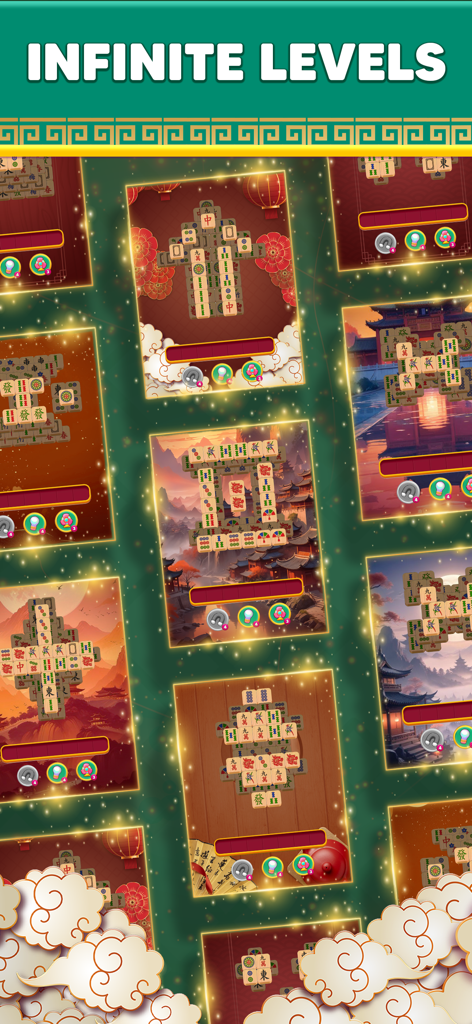 Colección de diferentes niveles de combinación de fichas de Mahjong con hermosos fondos de temática asiática