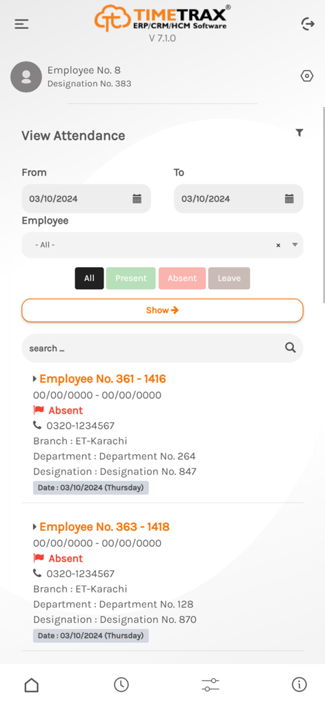 Attendance report screen in the TimeTrax app showing employee status and filters