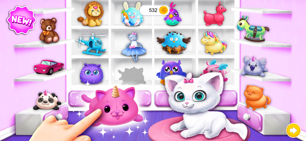 Sweet Olivia game screen showing a white kitty and a room filled with colorful plush toys on shelves
