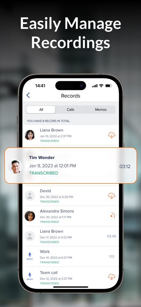 Call Recorder iCall - Interfaccia dell'app iCall che mostra un elenco di registrazioni di chiamate trascritte e memo vocali per una facile gestione