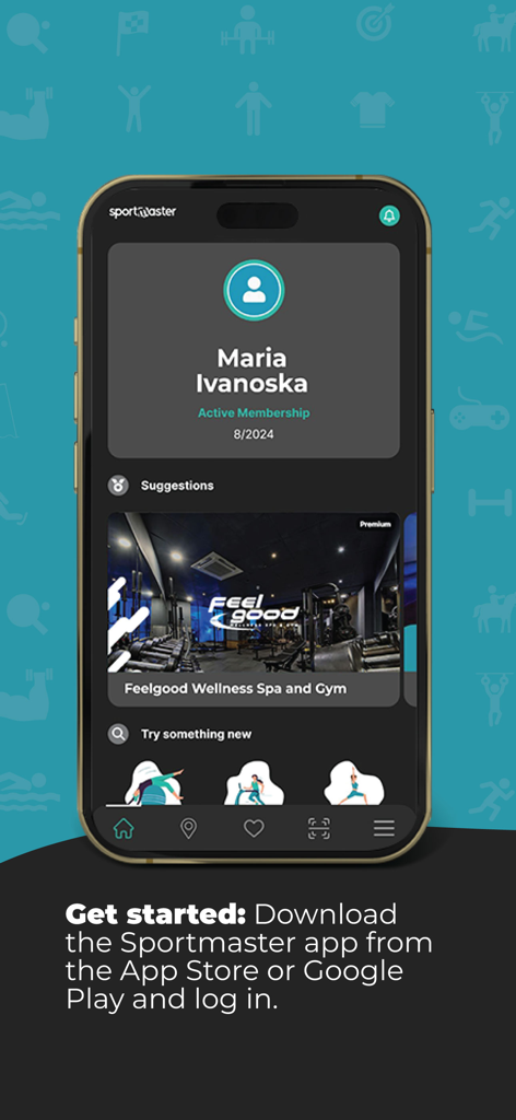 Sportmaster - Sportmaster mobile app interface displaying a user profile with an active membership and recommended fitness facilities