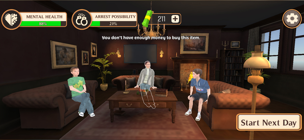 Judge Simulator Justices & Law - Judge Simulator gameplay screen showing mental health and arrest possibility stats in a living room
