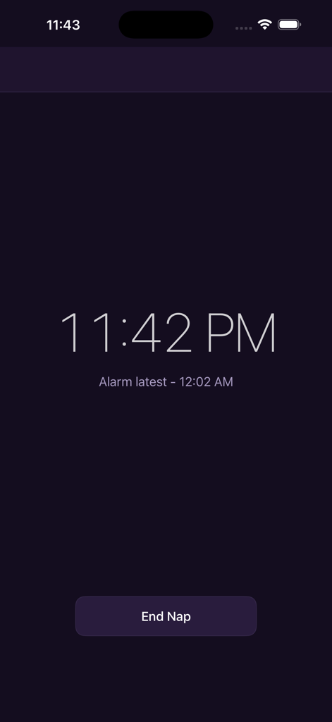Power Nap - IMPOSSIBLE ® - 現在の時刻と次のアラーム時刻が表示された、ミニマリストのアクティブ仮眠画面。終了ボタンもあります。