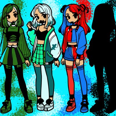 one girl with crop-top shirt and a jacket with a skirt, long socks and another girl with a shirt and pants with a jacket