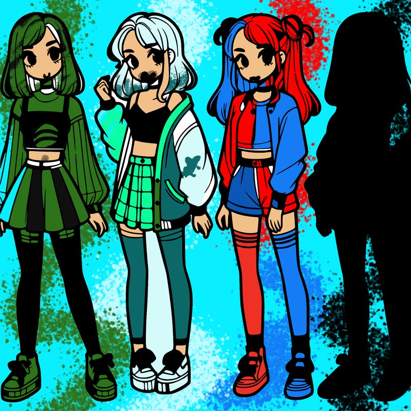 one girl with crop-top shirt and a jacket with a skirt, long socks and another girl with a shirt and pants with a jacket