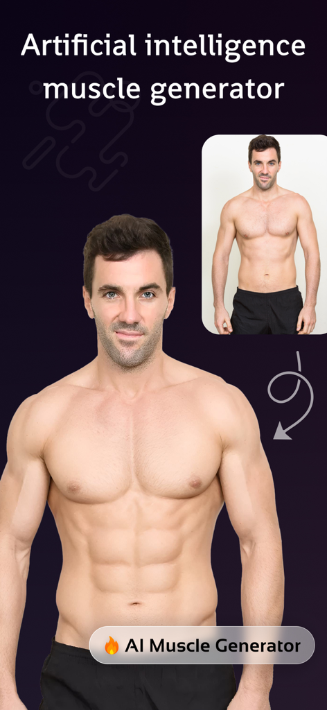 AI Muscle Generator - BodyGoal - 男性の定義された腹筋と上腕二頭筋を示すAI生成された筋肉の変容