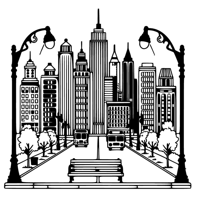 city skyline with street lights and benches