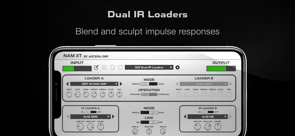 Interface do aplicativo Nam XT exibindo carregadores duplos de IR e controles de timbre para mesclar respostas de impulso