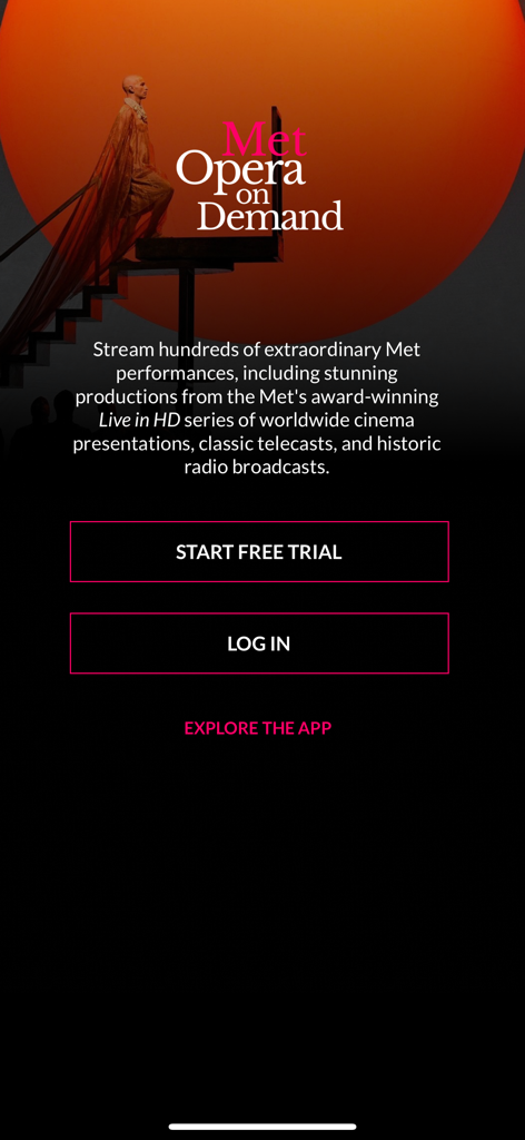 Startbildschirm der Met Opera on Demand App mit einem dramatischen Opernproduktionshintergrund und Abo-Optionen.