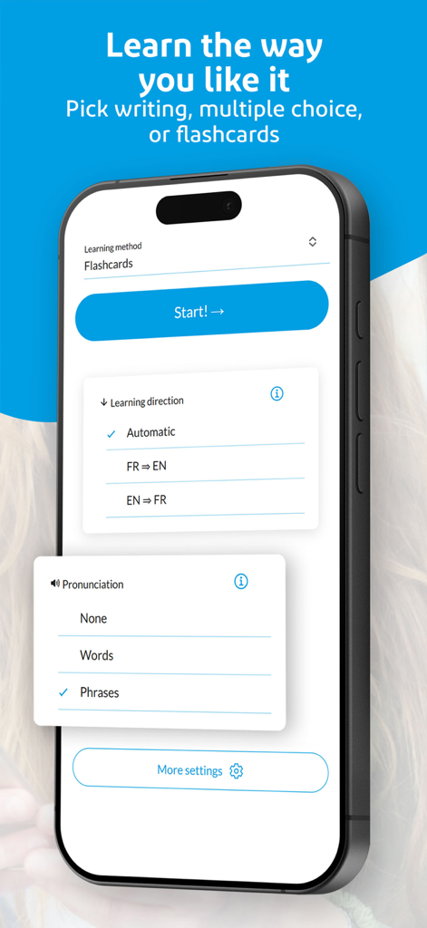 Learn vocabulary with Wozzol - Interface de l'application Wozzol montrant les options de personnalisation des méthodes d'apprentissage, y compris les cartes mémoire et les paramètres de prononciation
